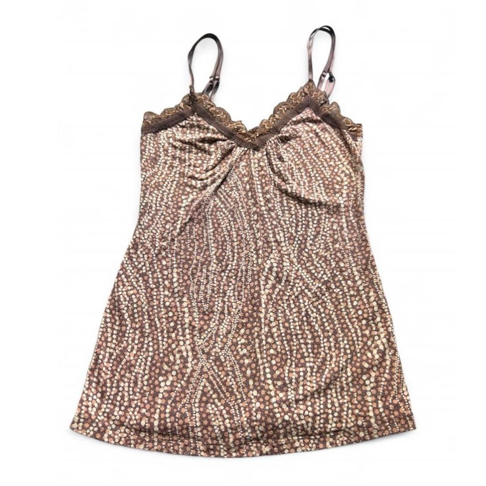 Y2K Brown Lace Trim Polka Dot V-Neck Express Tank